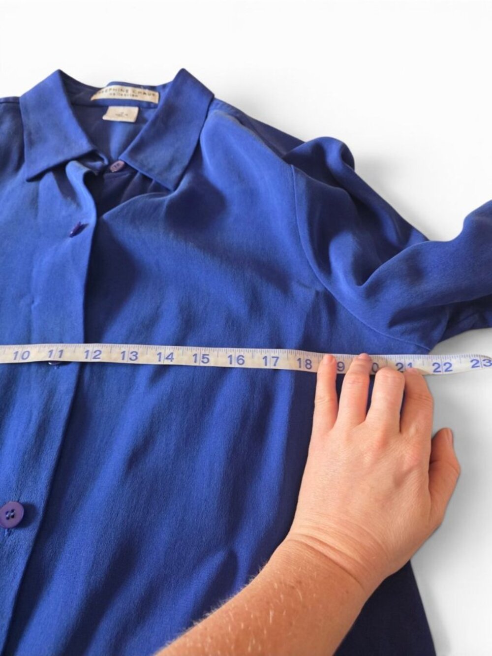 Josephine Chaus 100% Silk Blue Button Front Blouse Women's 12 Long Sleeve Top - Picture 12 of 14